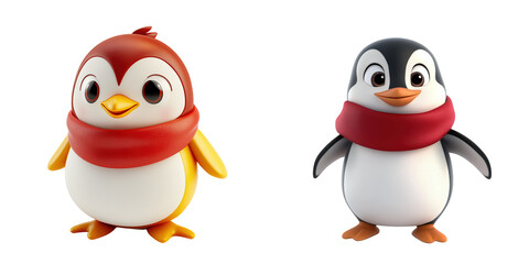 Fototapeta premium Cute and Colorful Cartoon Penguins with Scarves in a Cheerful Pose, isolated on transparent background.