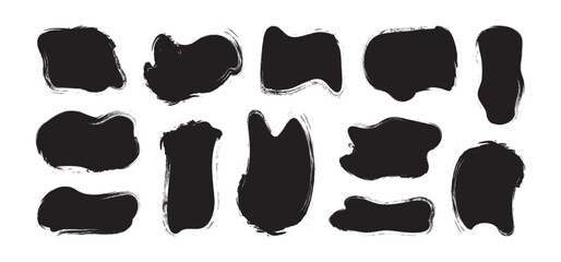 Grunge irregular shape, paint brush blob, ink stroke stain, black charcoal form, rough abstract blot, round square, rectangle crayon drawn, chalk set isolated on white background. Vector illustration