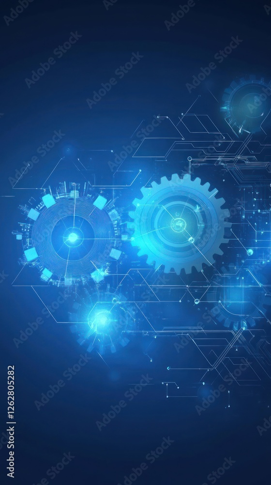 Poster abstract representation of interconnected blue gears and digital elements on a dark background, sugg
