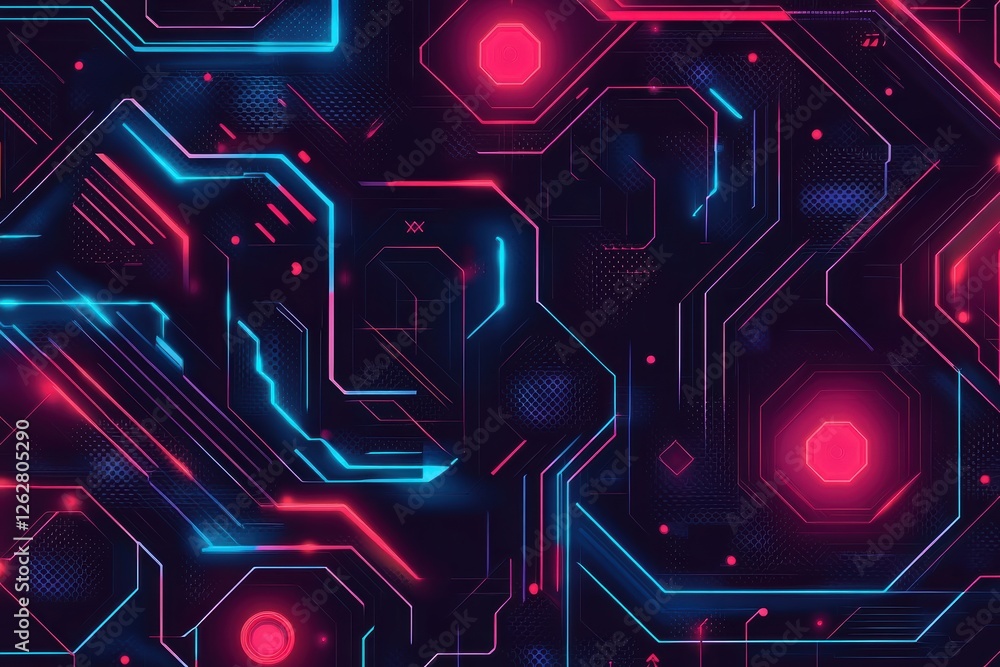 Poster exploring vibrant cyberpunk patterns with glowing lines and dynamic shapes