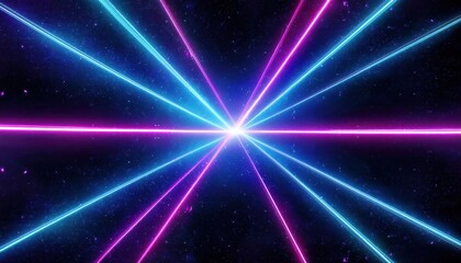 Fototapeta premium neon laser beam crossing in deep space with glowing blue and pink light streaks, futuristic abstract energy background