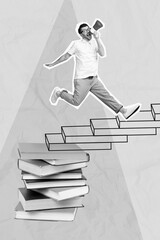 Creative artwork photo collage of young jumping upstairs hold megaphone loud attention teacher...