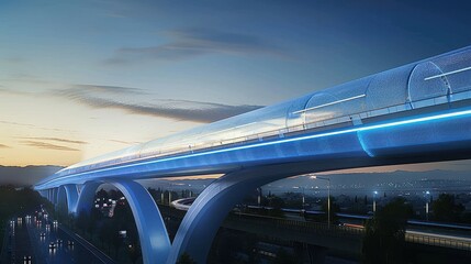 Fototapeta premium Futuristic High-Speed Train Crossing a Bridge at Dusk