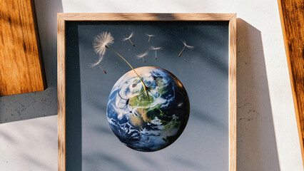 Earth Globe with Dandelion Seeds Floating through Air in Artistic Presentation
