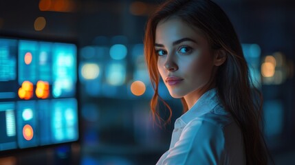 Naklejka premium Attractive woman in white shirt in a high tech environment