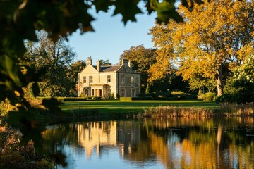 Autumn House Reflection, Peaceful Country Estate