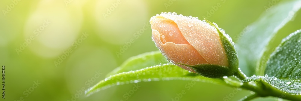 Poster peach colored rosebud covered with tiny dew drops growing on a stem with green leaves illuminated by