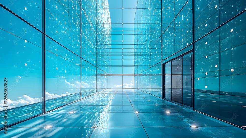 Poster radiant glass structure with intricate patterns against spotless azure sky