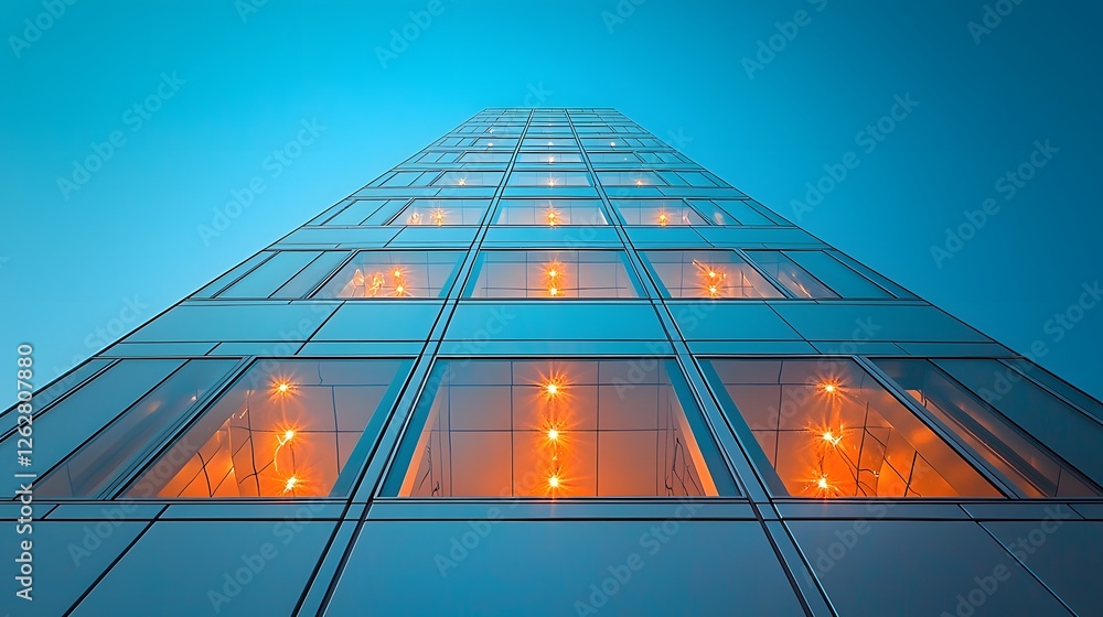 Poster glowing glass structure with intricate patterns against a spotless azure sky