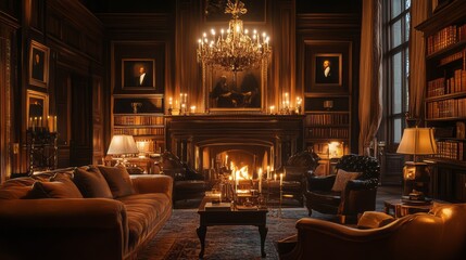 Ornate library interior displays rich wood tones and ambient light