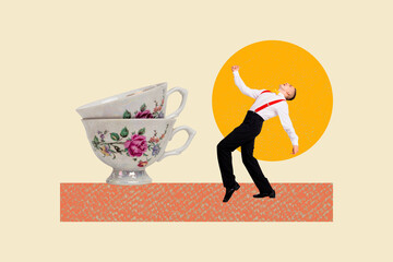 Art 3d sketch collage of happy dandy man stand coffee cup bliss beverage celebration valentine day...