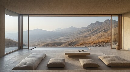 Minimalist living room with infinity pool overlooking mountain range.