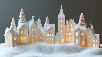 Obraz premium Illuminated Paper Village in a Snowy Winter Scene