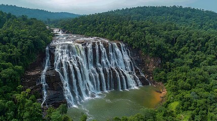 Fototapeta premium Aerial view of waterfall cascading into lush rainforest. Possible use stock photo for travel brochures or nature documentaries