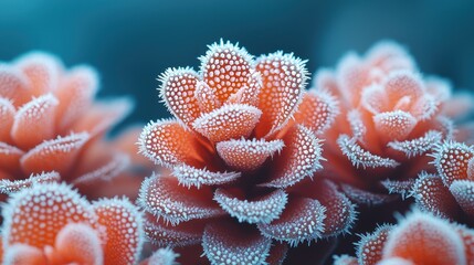 Fototapeta premium Close up of Frost Covered Succulents Winter Botanical Macro Photography Icy Plant Texture