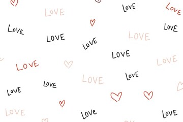 White bg hand drawn love words in different fonts and colors