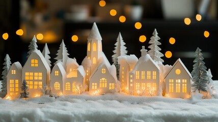Obraz premium Illuminated Winter Village Paper Houses in the Snow