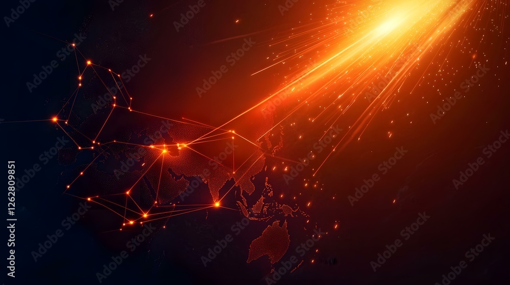 Poster the image shows a stylized world map represented by a network of glowing orange lines and points, ov