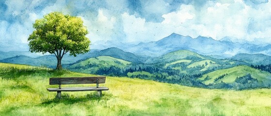 Obraz premium A serene landscape features a solitary bench under a tree overlooking rolling green hills and distant blue mountains on a clear day