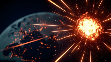 Obraz premium The image shows a large fiery explosion at the center, with streaks of light radiating outwards towards a blurred image of Earth in the background. Sparks and particles fill the space between the ex