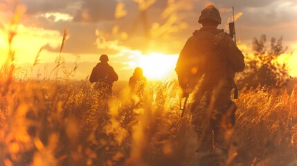 Three soldiers navigate a grassy field at sunset, their silhouettes highlighted against a dramatic sky filled with warm orange and yellow tones, creating a powerful and reflective atmosphere