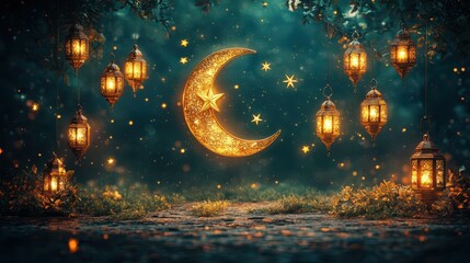 Islamic ramadan background design in fairy tale style with red crescent and lantern
