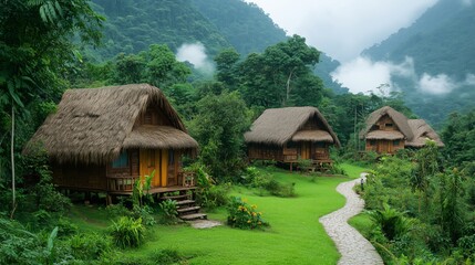 Quiet village in the mountains after rain