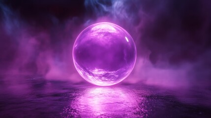 Glowing purple orb hovers above a reflective surface in fog