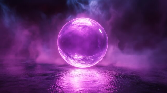 Glowing purple orb hovers above a reflective surface in fog