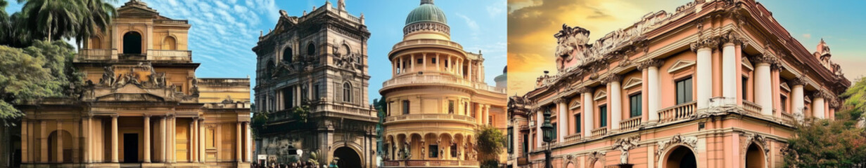 A dreamlike or painting collage banner of famous travel destinations from around the world.