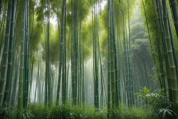 Fototapeta premium Tall bamboo stalks in a beautiful garden with a green background