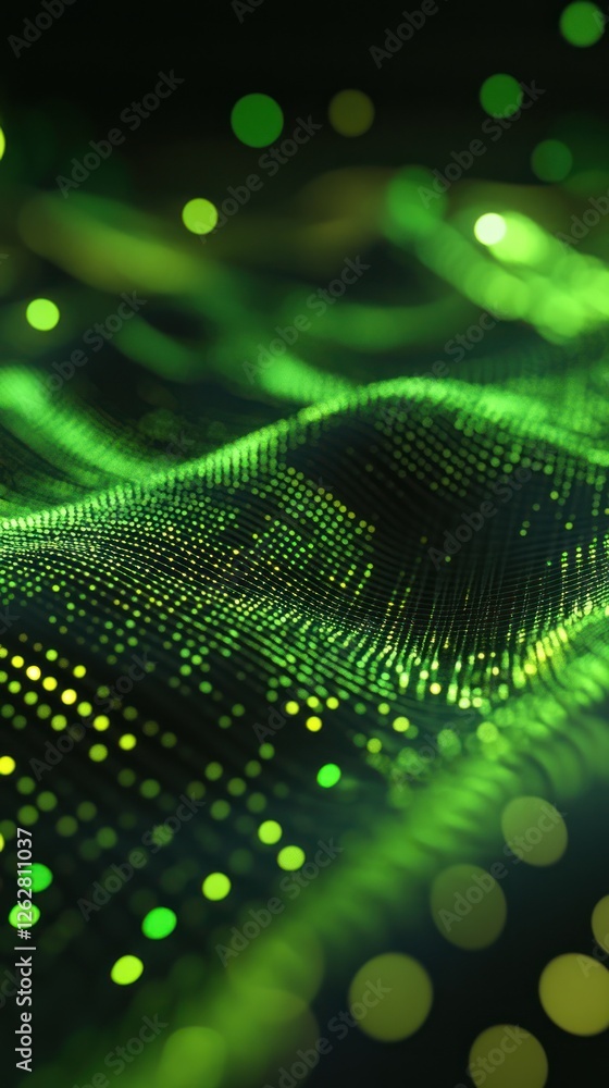 Poster abstract green digital wave pattern with luminous dots creating a mesmerizing flow, suitable for tec