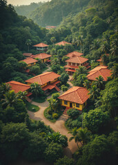 Fototapeta premium Tranquil tropical village with wooden houses nestled among lush green trees and palm trees, offering a peaceful, eco-friendly retreat in a serene jungle landscape