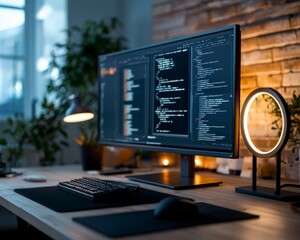 Modern Workspace with Computer Monitor Displaying Code at Night in Stylish Home Office Setting