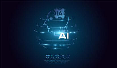 Naklejka premium Technological Digital Brain with AI Chip. AI head concept Vector illustration. Artificial Intelligence Head, Isometric Vector banner for AI head system in vector