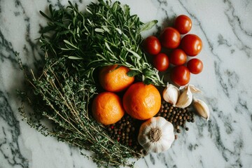 Fresh herbs, citrus, and vegetables on marble. Kitchen ingredients. Possible use Food blog or recipe inspiration