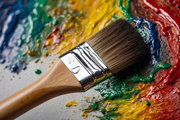 Obraz premium A close-up of a paintbrush covered in paint, symbolizing the process of creativity