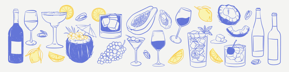 Hand drawn vector drawing of tropical drinks with lemon, coconut, mint. Wine, cocktails, fruit illustrations. Elements in doodle sketch style for menu, party, invitation.