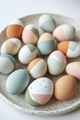 closeup photo of a collection of modern, minimalist Easter eggs featuring geometric color-blocked designs in soft pastel and earthy tones, including white, green, peach, blue, and pink