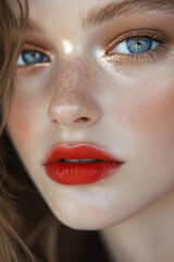 Naklejka premium closeup photo of a stunning young woman with fair skin and striking blue eyes, wearing bold red lipstick and shimmering copper eyeshadow