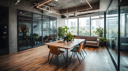 Modern office space, open floor plan with glass walls
