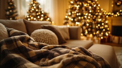 Cozy Christmas Living Room with Glowing Tree Lights