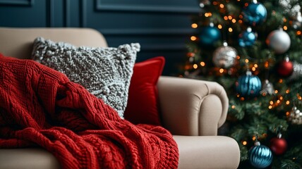 Cozy Christmas Living Room with Decorated Tree and Warm Blanket