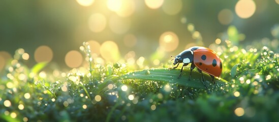 Ladybug dawn dew grass nature scene