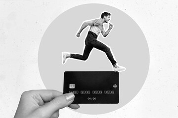 Creative poster collage of crazy little guy run buying e shop discount pay nfc huge credit card on...