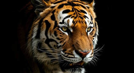 Obraz premium A close-up of a tiger's face illuminated against a dark background, showcasing its striking features and intense gaze.