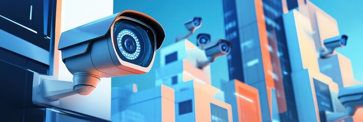 Graphic layouts showcasing modern surveillance equipment in a urban environment