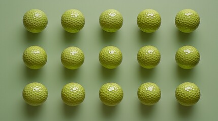A vibrant arrangement of green golf balls on a soft green background, ideal for sports themes
