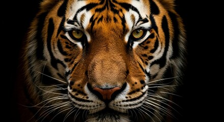 Fototapeta premium A close-up of a tiger's face illuminated against a dark background, showcasing its striking features and intense gaze.