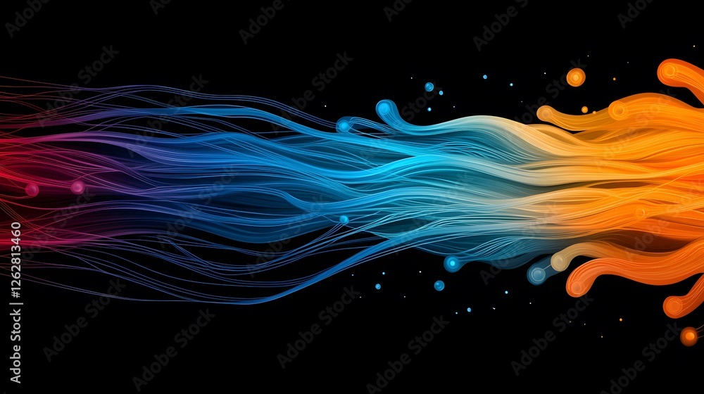 Poster the image contains an abstract depiction of flowing, luminous strands of color transitioning from re